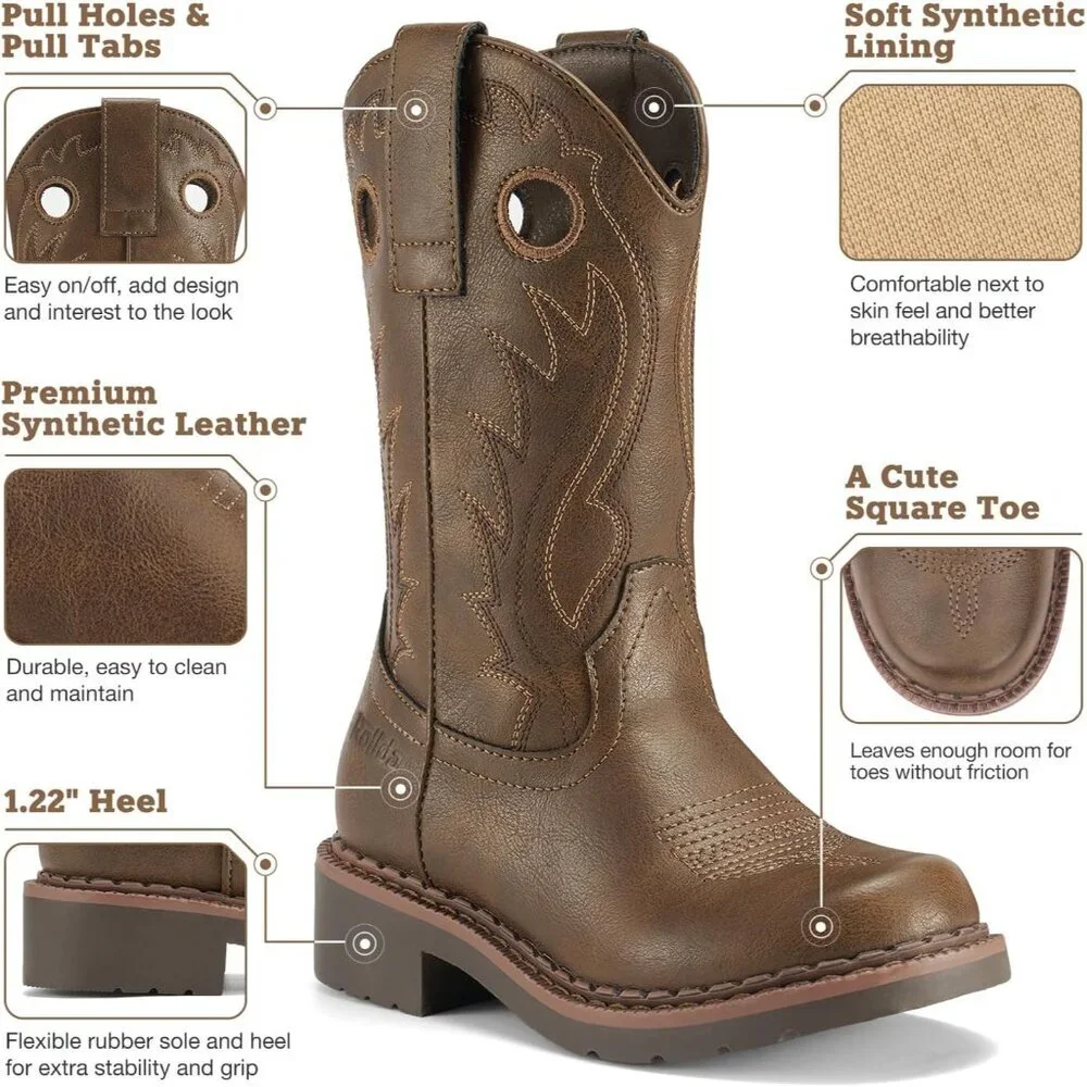 ⚡Kids Girls Dark Brown Western Boots Square Toe Cowgirl Boots For Toddler